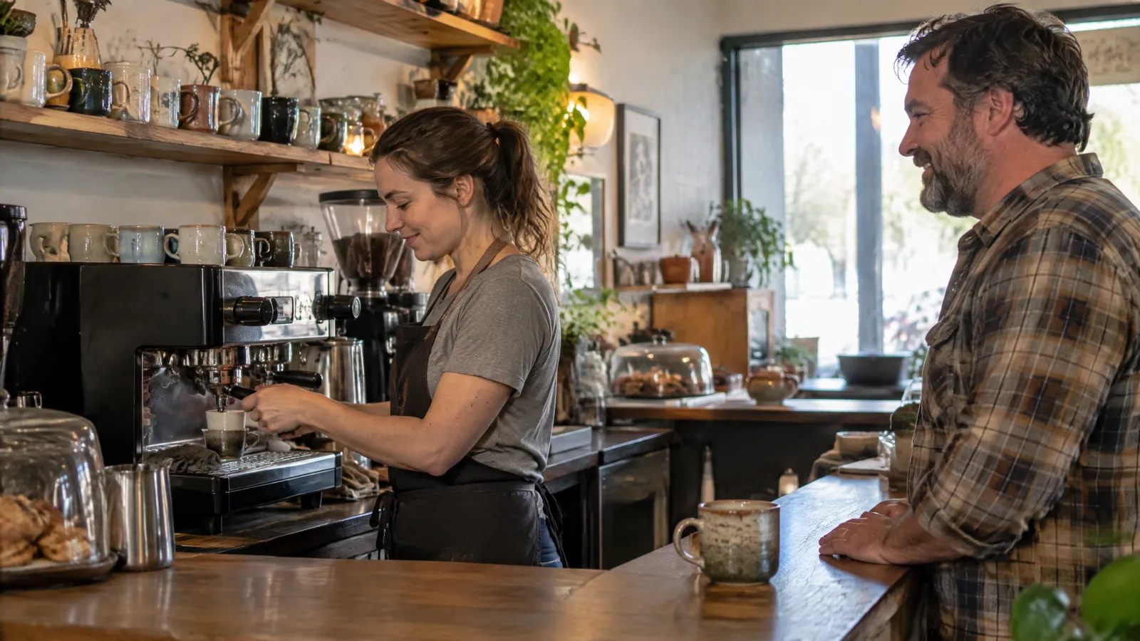 Barista pulling an espresso shot at a neighborhood coffee bar